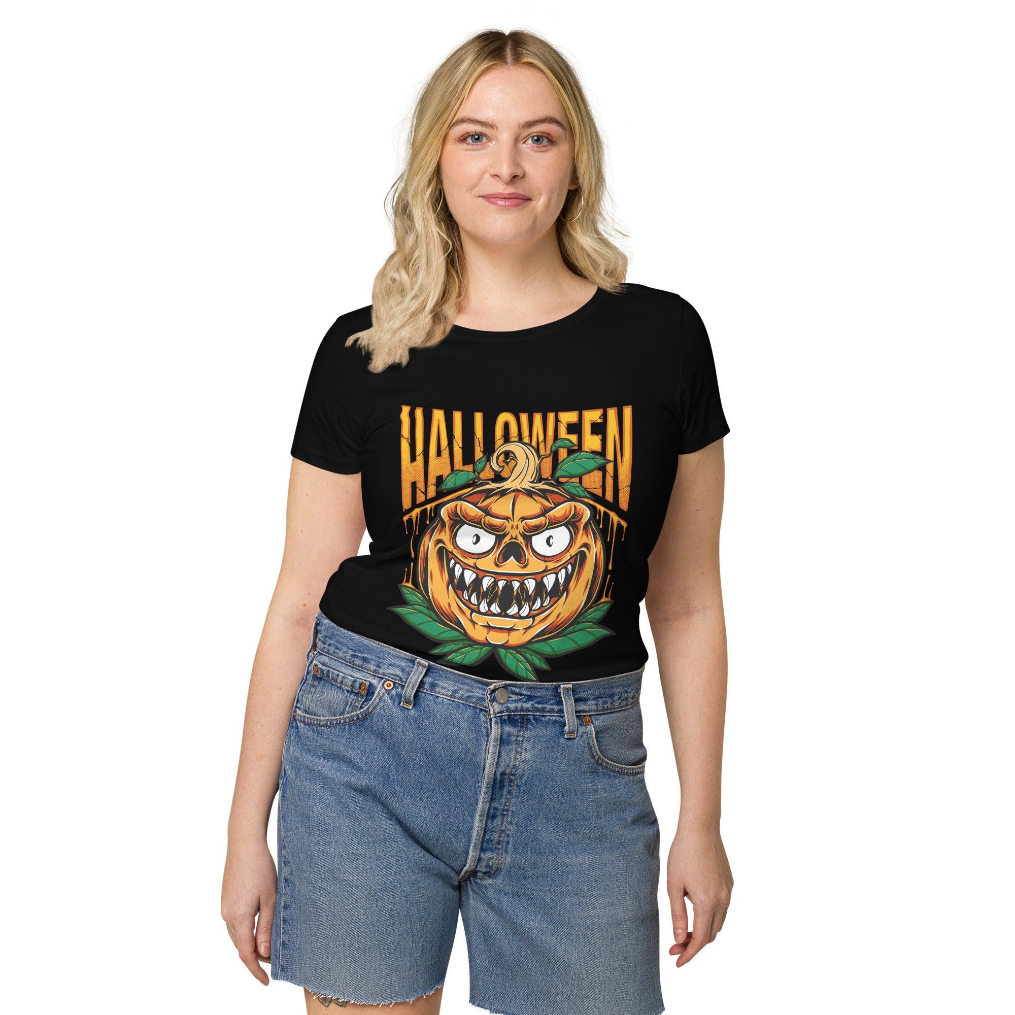 Women's Organic Halloween Tee styled for a casual Halloween party, showcasing its versatility and sustainable fashion statement.