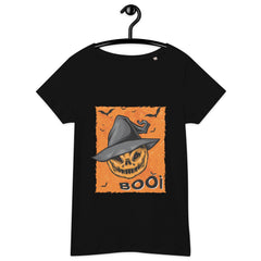 Celestial-themed organic Halloween tee for women, combining sustainability with seasonal style.