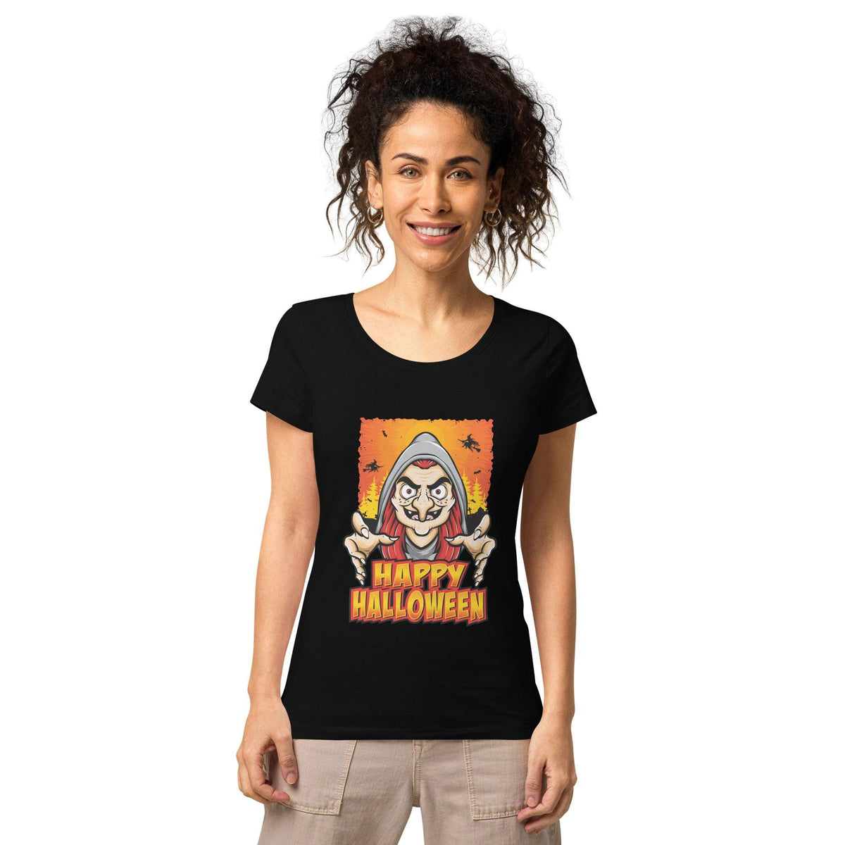 Organic women's Halloween tee with a hauntingly beautiful design, perfect for eco-conscious style.