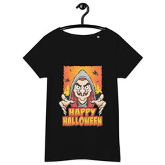 Eco-friendly Halloween tee for women, merging spooky elegance with sustainable fashion.