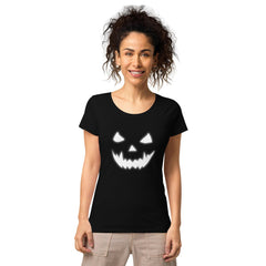Sustainable style with a women's organic pumpkin carving tee, perfect for Halloween enthusiasts.