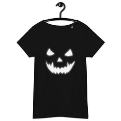 Organic Halloween tee for women featuring a pumpkin carving design, celebrating eco-friendly festivities.