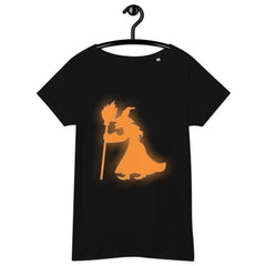 Sustainable fashion with a twist: Women's Halloween tee featuring a haunted mansion, for an eco-friendly scare.