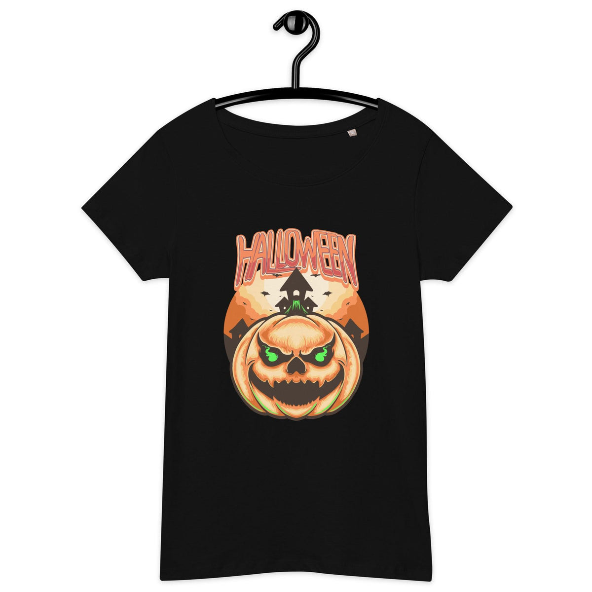 Woman wearing an organic Halloween tee with a moonlight owl, embodying mystical whispers of the night.