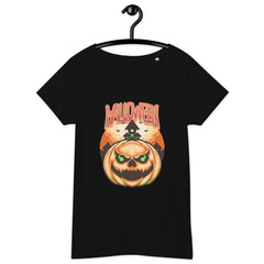 Woman wearing an organic Halloween tee with a moonlight owl, embodying mystical whispers of the night.
