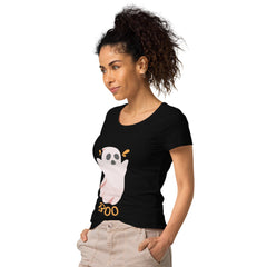 Laid-out view of the Women's Halloween Witchy Organic Tee, highlighting its eco-friendly qualities and chic Halloween design.