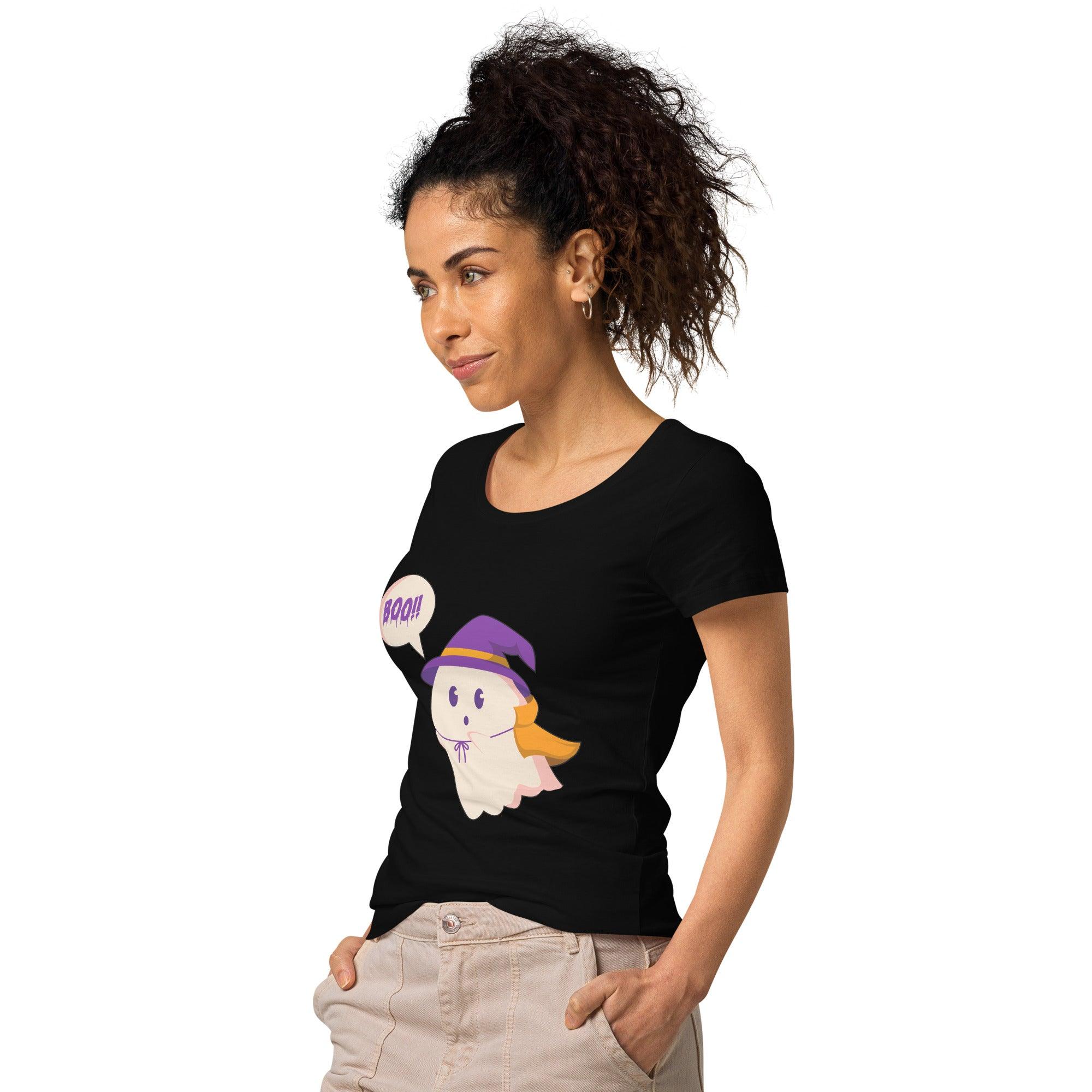 Flat lay of the Women's Halloween Organic Tee with Moonlit Magic design, highlighting its eco-friendly quality and festive spirit.