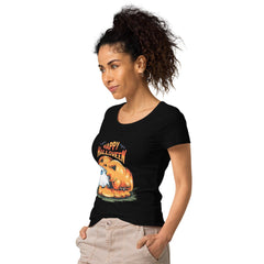 Woman wearing Halloween Harvest Moon organic tee, embracing the enchantment of the season.