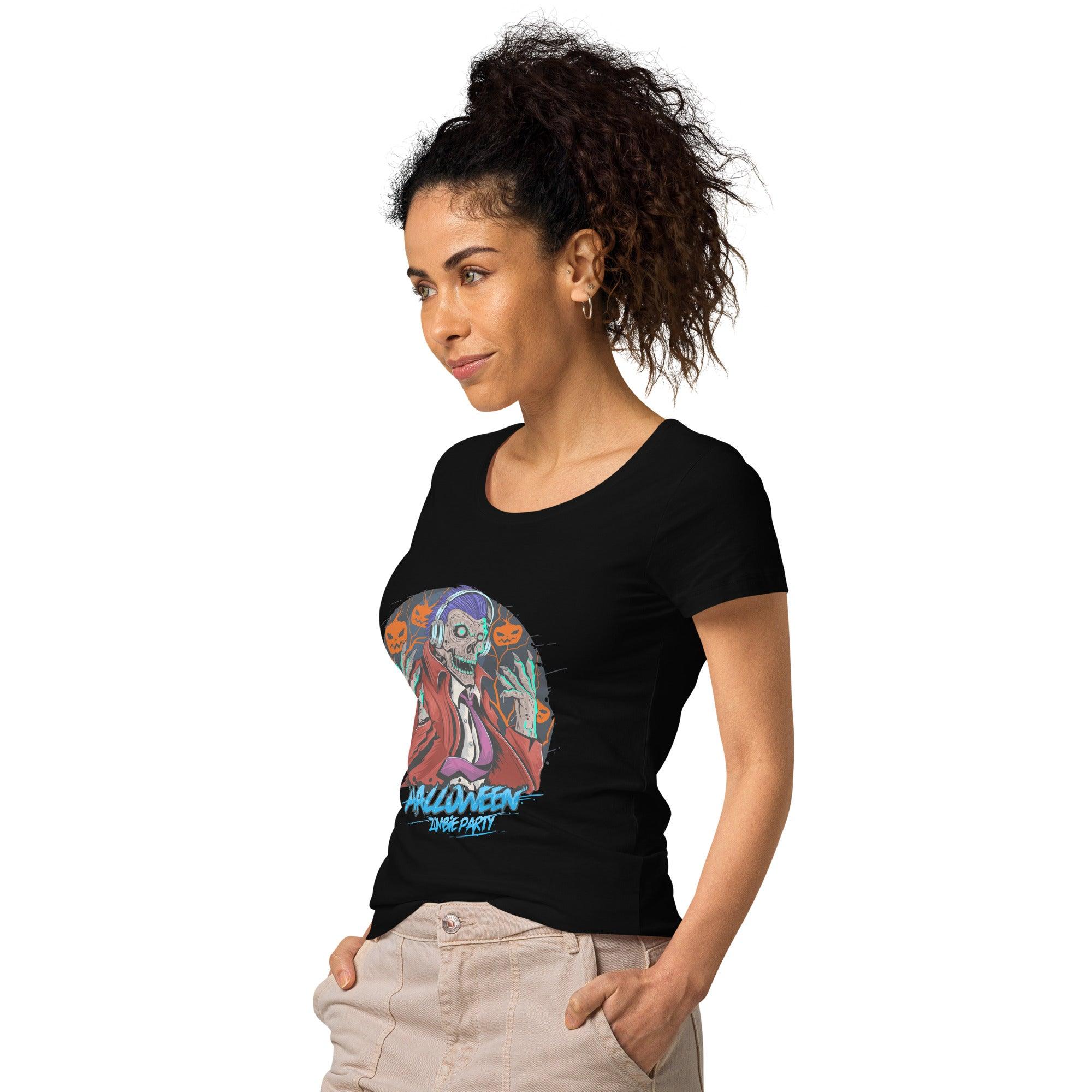 Woman wearing an organic tee with bat wing design, ready to fly into Halloween fashion.