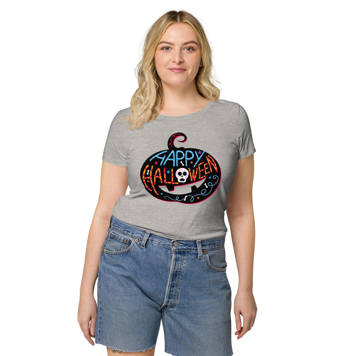 Eco-friendly women's Halloween tee with elegant graveyard design, perfect for spooky style.