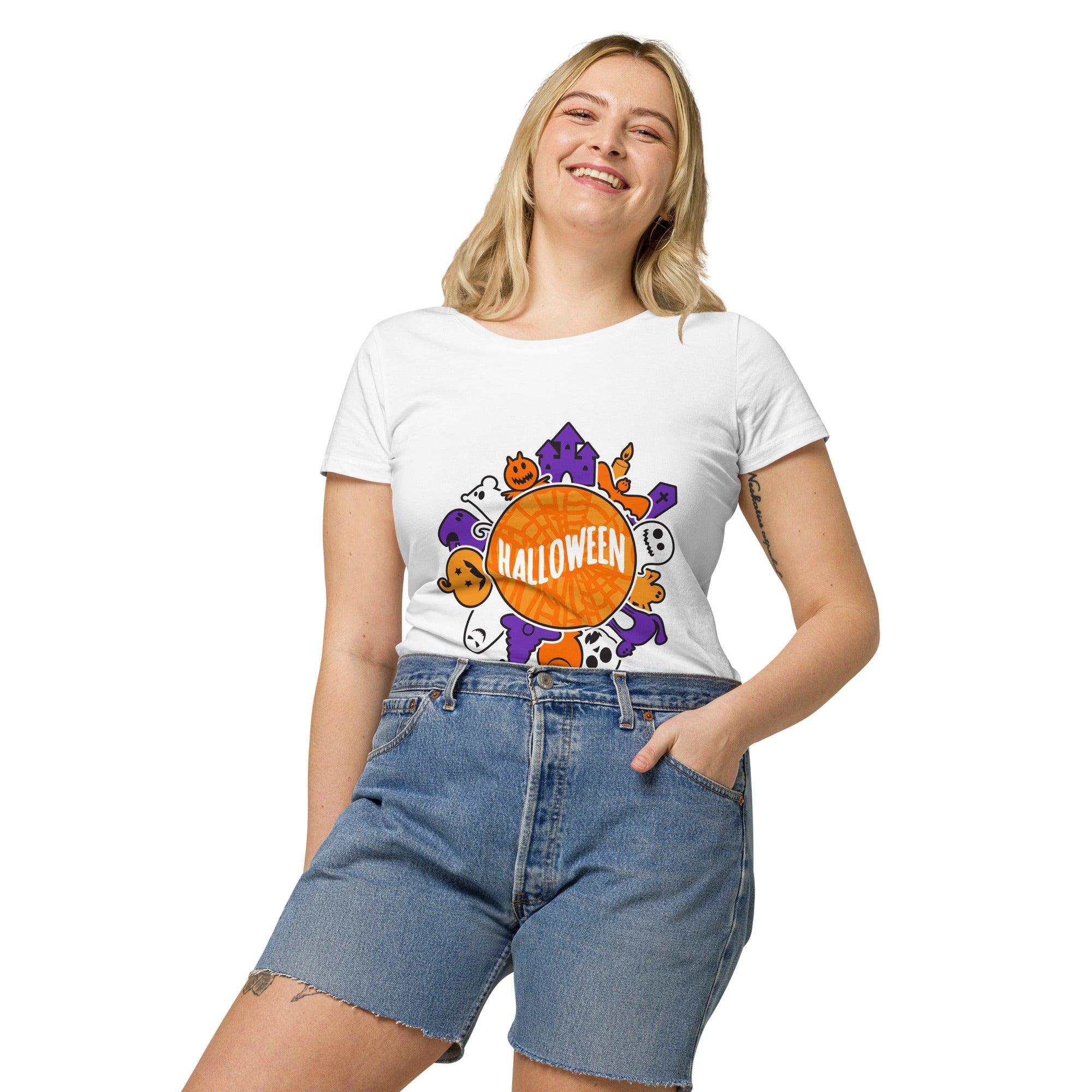 Styling the Organic Halloween T-Shirt with a Halloween-themed outfit, demonstrating its versatility and stylish appeal.
