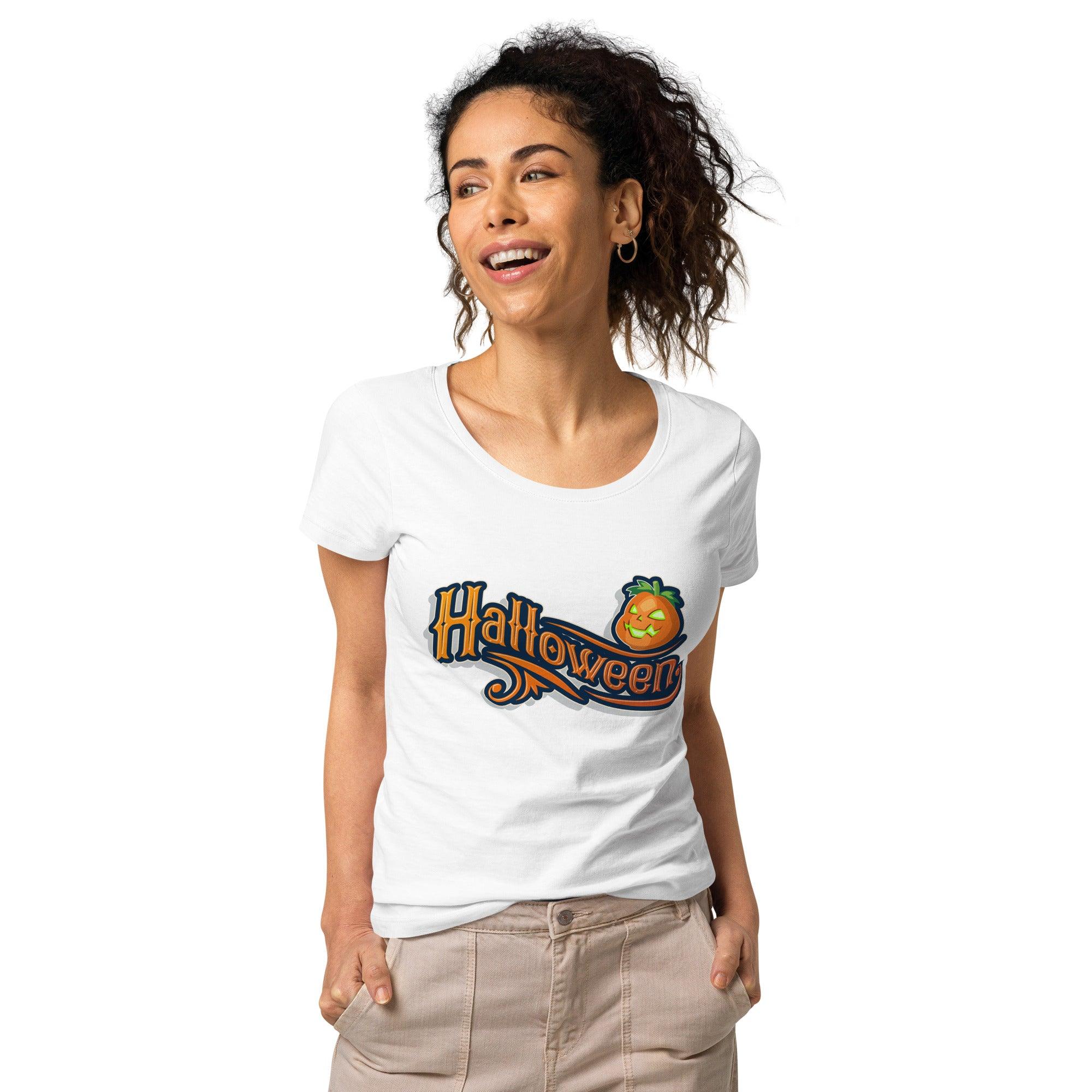 Woman modeling the Ghoulishly Gorgeous Organic Halloween Tee, showcasing its stylish design and commitment to eco-friendly fashion.