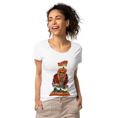 Spookily stylish women's tee featuring a haunted house, perfect for eco-conscious Halloween enthusiasts.