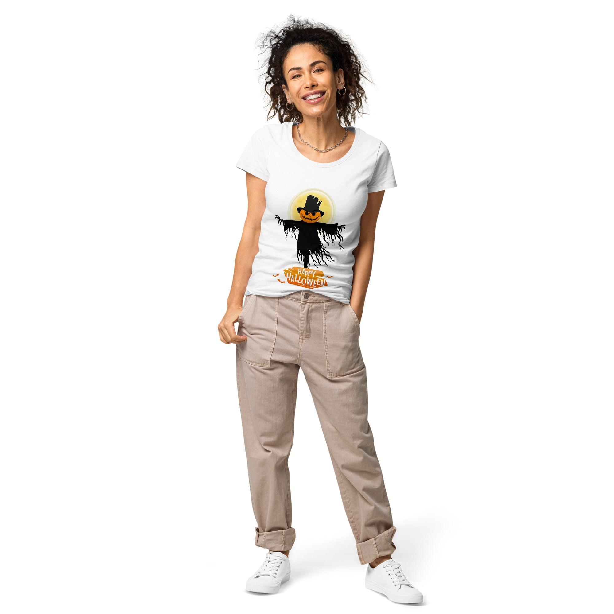 Eco-friendly Halloween haunted house tee for women, combining style with Halloween spirit.