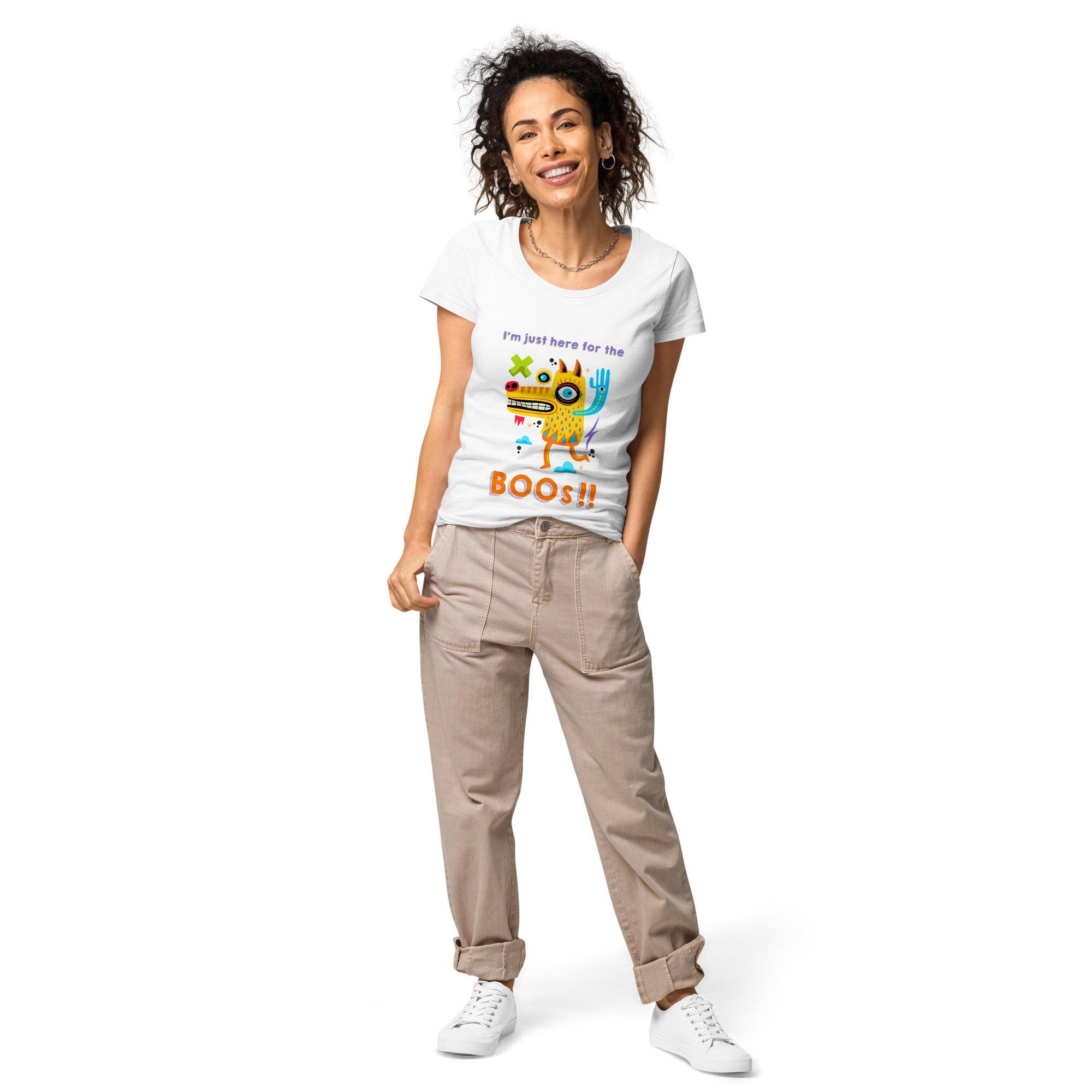 Eco-friendly women's Halloween tee with black cat design, fusing feline charm with festive fun.