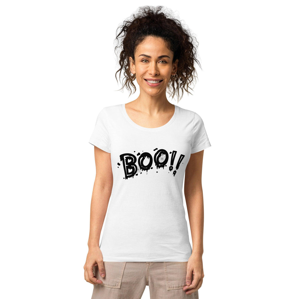 Woman modeling the Halloween Graphic Organic T-Shirt, perfect for eco-conscious fashionistas this spooky season.