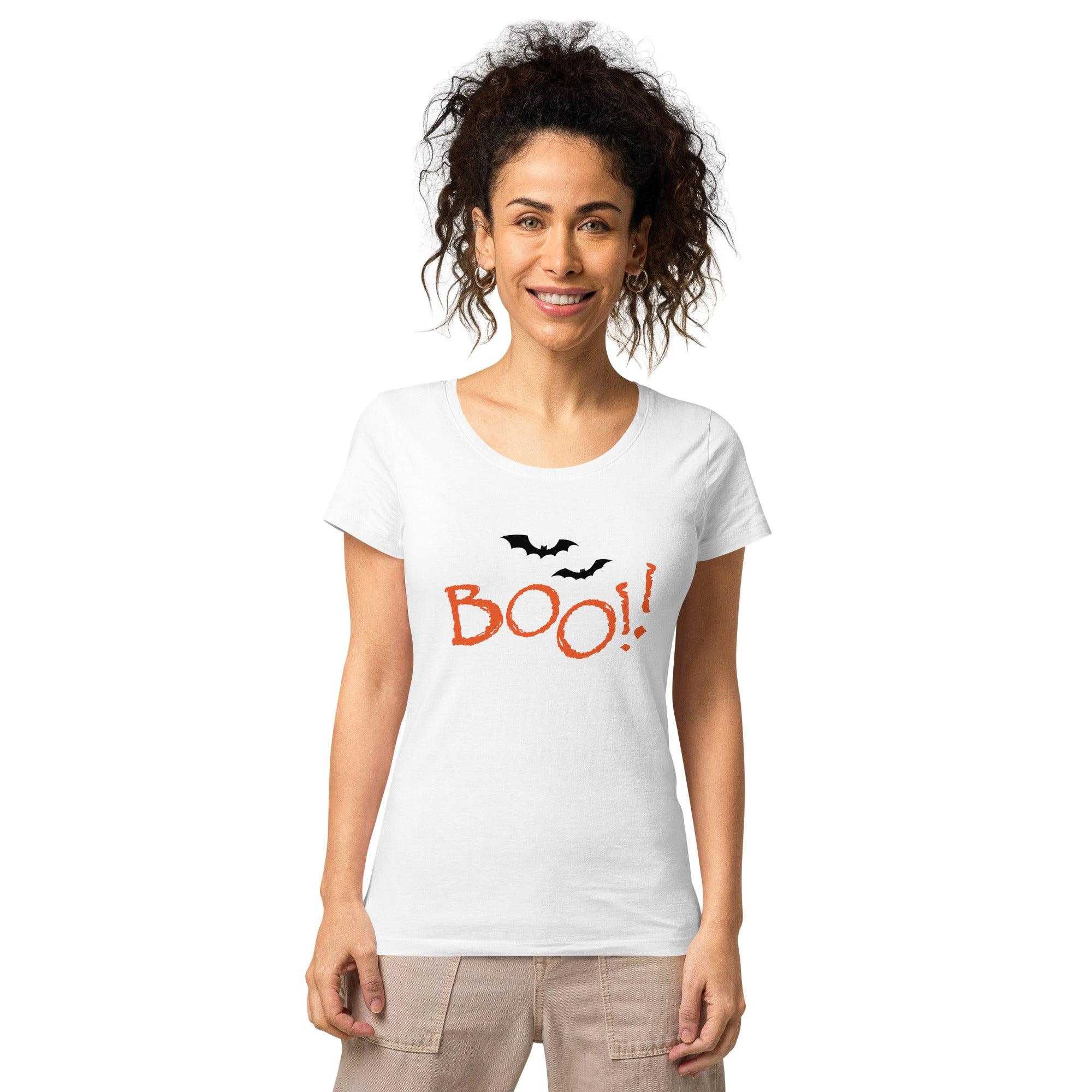 Woman wearing the Organic Halloween T-Shirt, showcasing the 'Wickedly Comfy' slogan and soft, eco-friendly material.