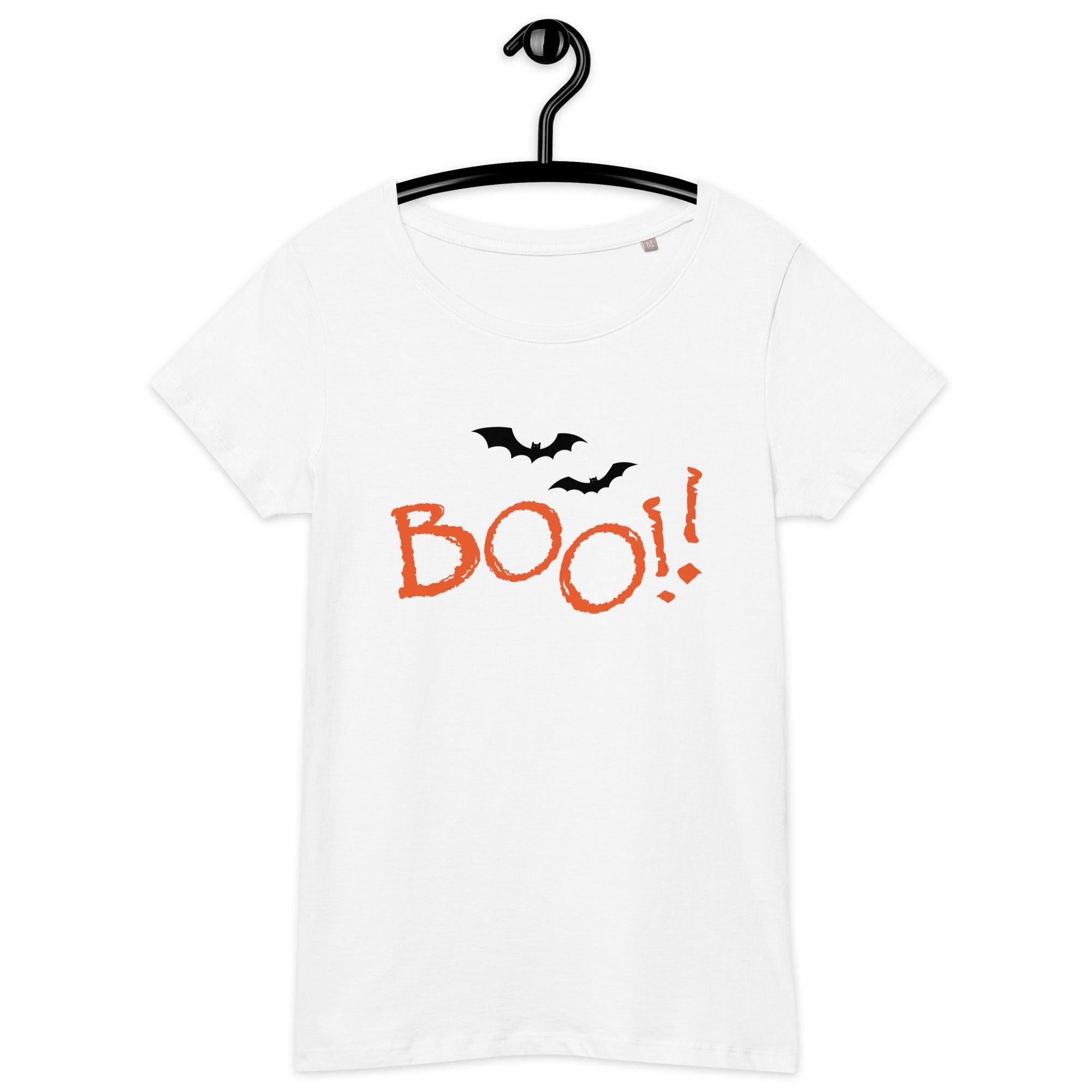 Laid-out Organic Halloween T-Shirt, showing off the spooky yet stylish print on sustainable fabric for a guilt-free celebration.
