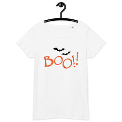 Laid-out Organic Halloween T-Shirt, showing off the spooky yet stylish print on sustainable fabric for a guilt-free celebration.