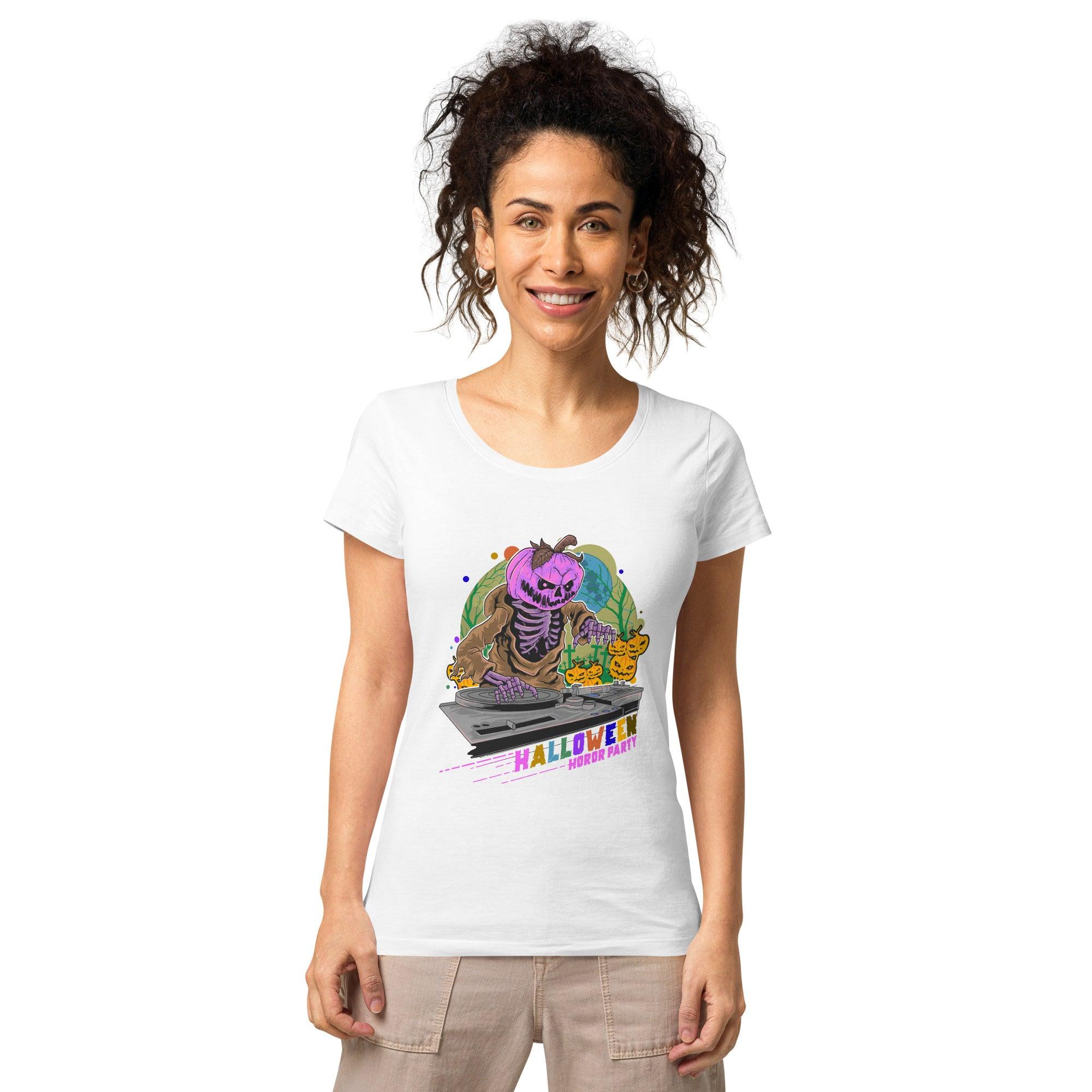 Eco-friendly witchy women's Halloween tee, showcasing organic elegance with a mystical twist.