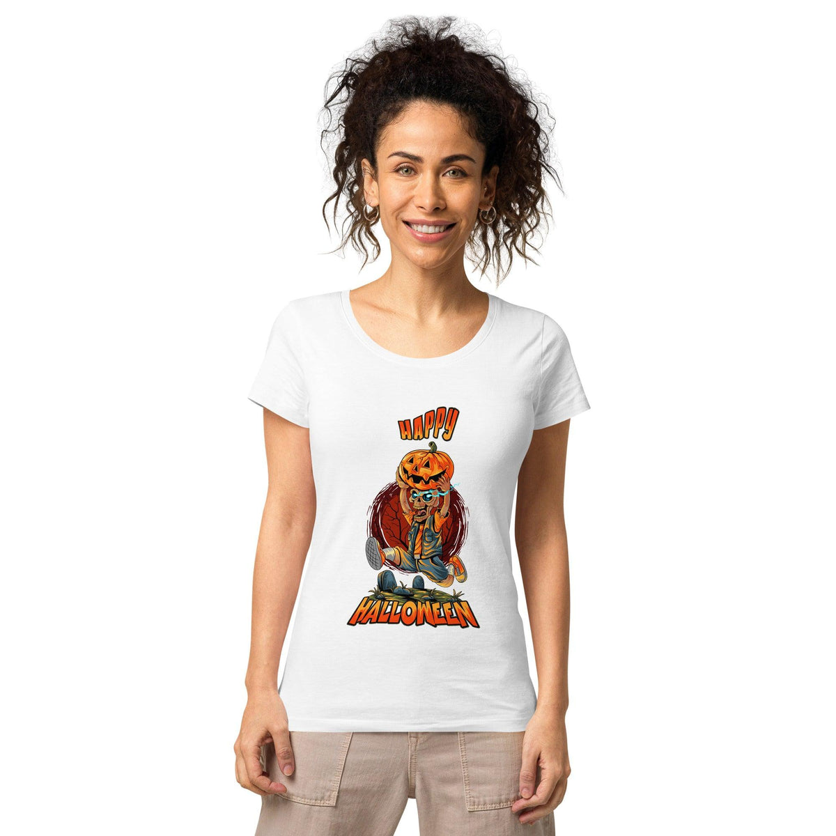 Eco-conscious Halloween haunted house tee for women, blending spooky vibes with sustainable style.
