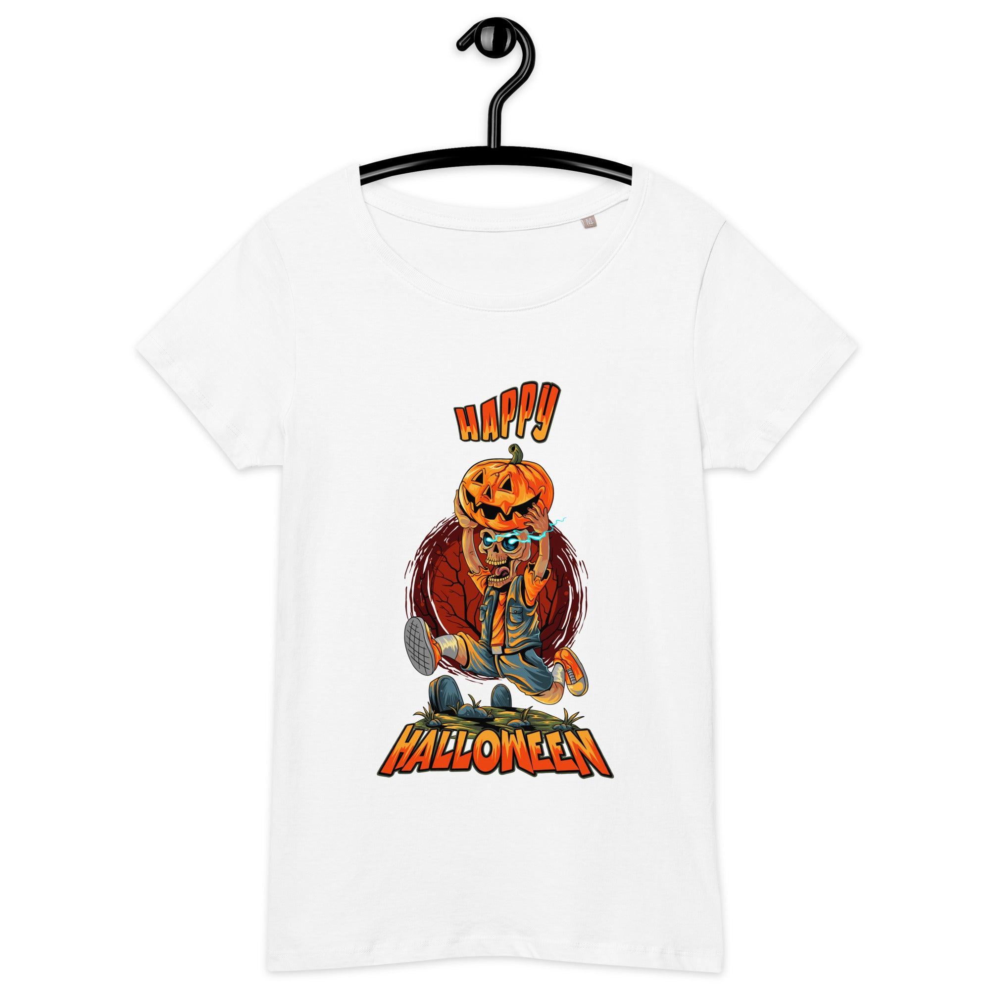 Woman wearing an organic haunted house tee, embracing Halloween with an eco-friendly twist.