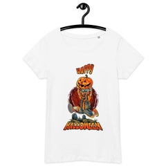 Woman wearing an organic haunted house tee, embracing Halloween with an eco-friendly twist.