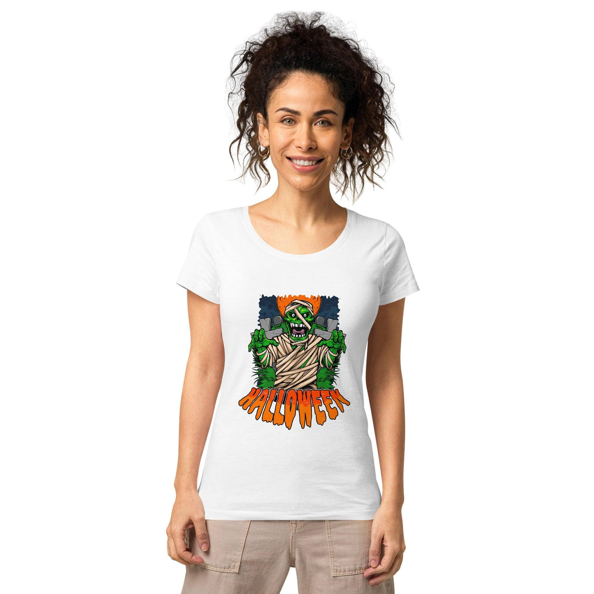 Eco-friendly women's Halloween tee with pumpkin spice design, celebrating harvest chic.