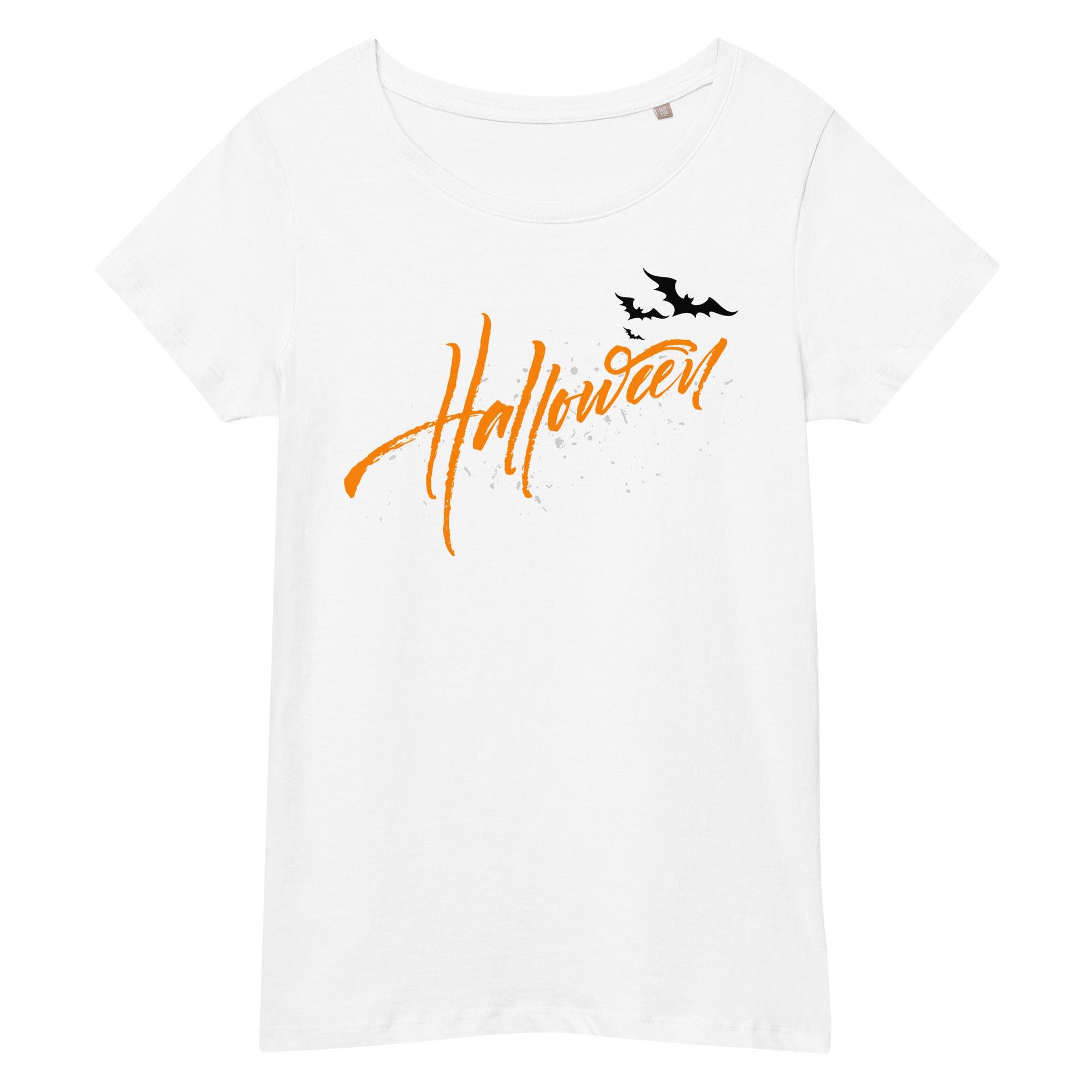 Eco-friendly Halloween tee for women, showcasing a moonlit forest for an enchanting night.