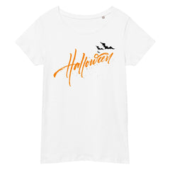 Eco-friendly Halloween tee for women, showcasing a moonlit forest for an enchanting night.