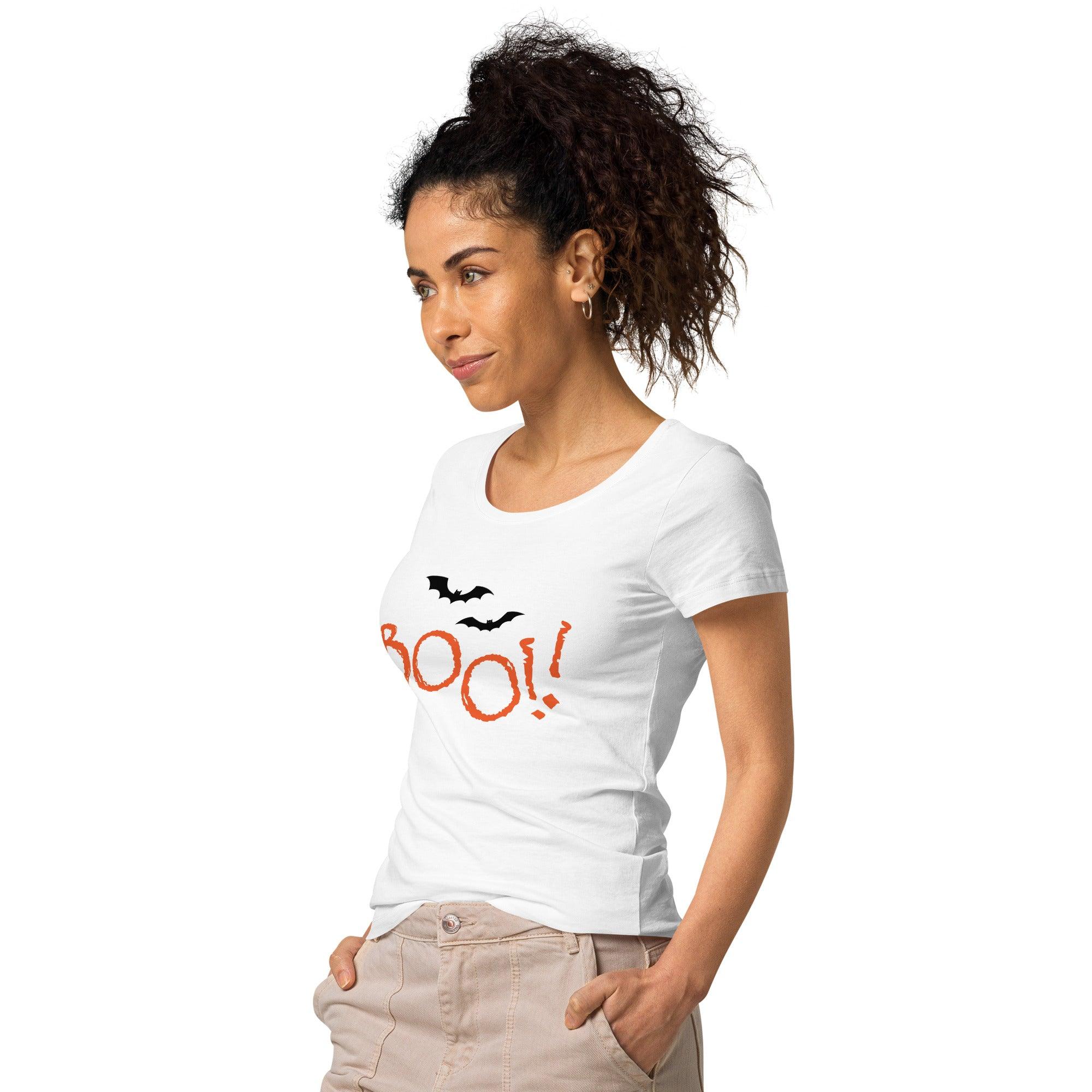 Styling the 'Wickedly Comfy' Women's Tee for Halloween, pairing it with jeans for a casual, eco-friendly October look.