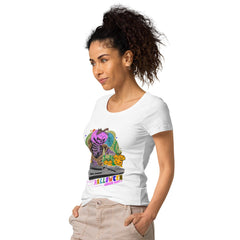 Organic Halloween tee for women with enchanting witchy design, celebrating eco-conscious style.