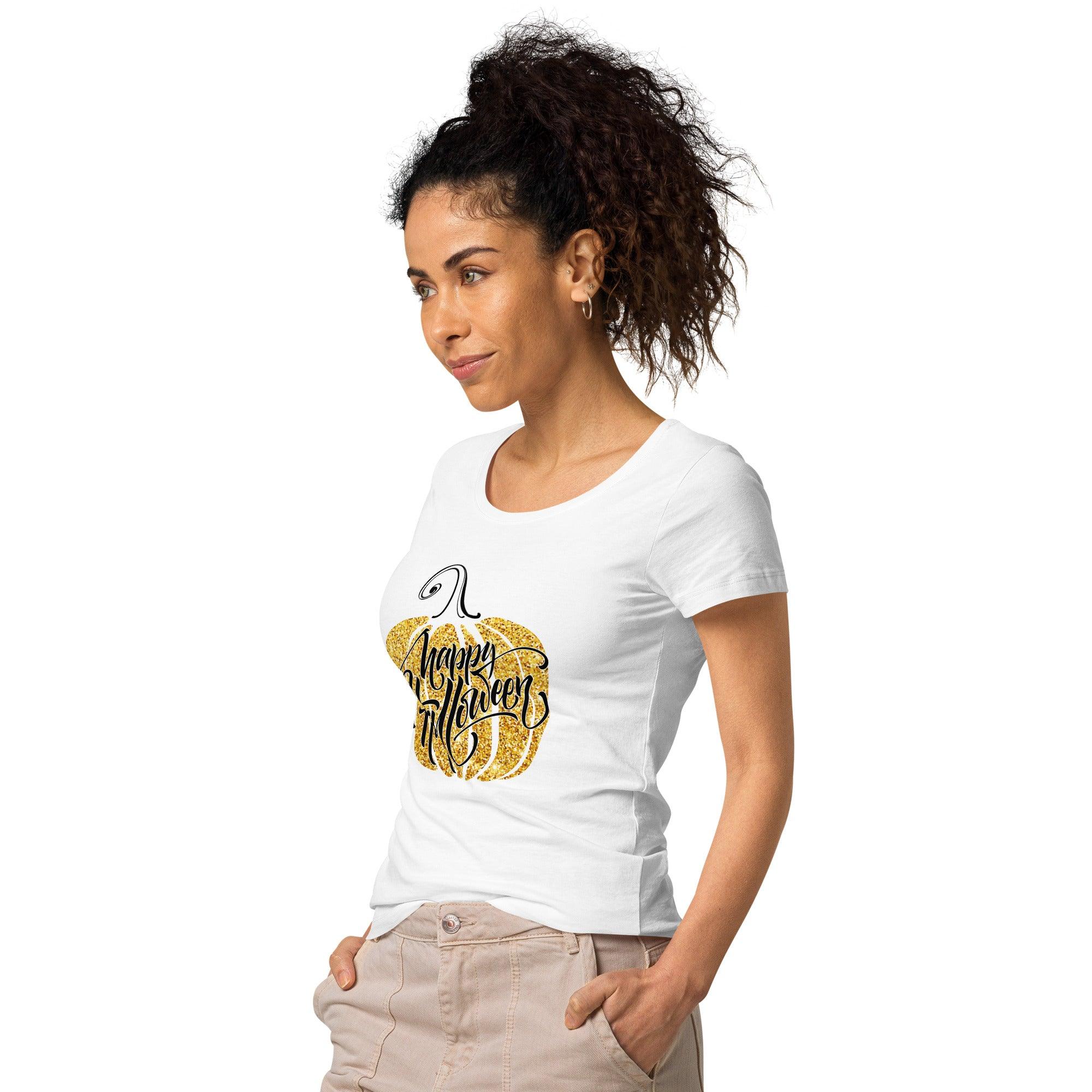 Eco-friendly women's Halloween tee with mystic moon design, capturing celestial charm.