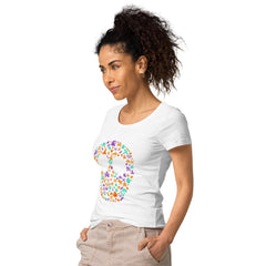 Woman wearing an organic Halloween tee adorned with ghostly spirits, showcasing an ethereal and eco-friendly look.