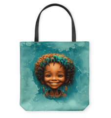 Wondrous Childlike Gaze Basketweave Tote Bag displayed on a wooden background.