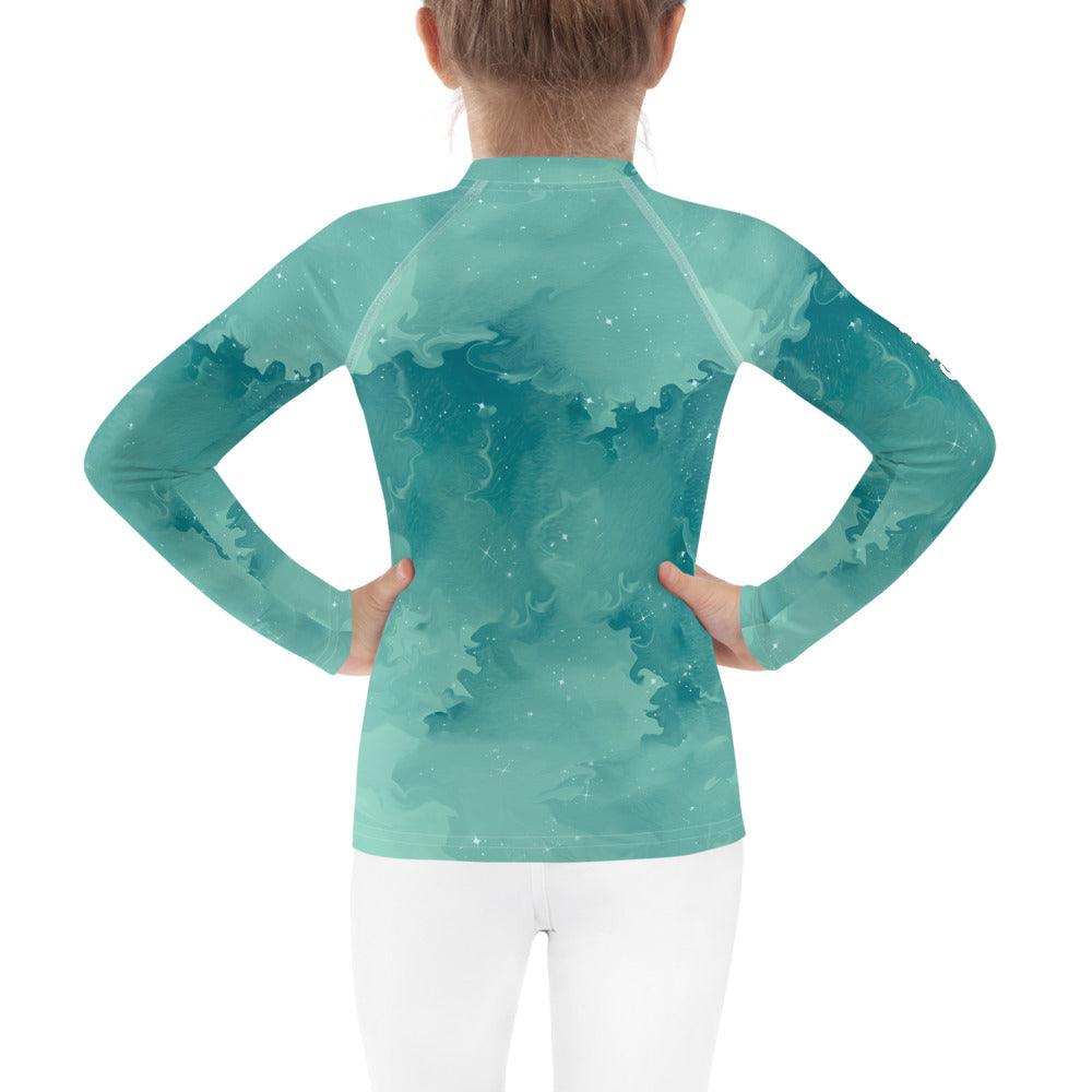 Close-up of the colorful design on Wondrous Childlike Gaze Kids Rash Guard.