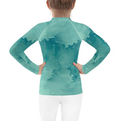 Close-up of the colorful design on Wondrous Childlike Gaze Kids Rash Guard.