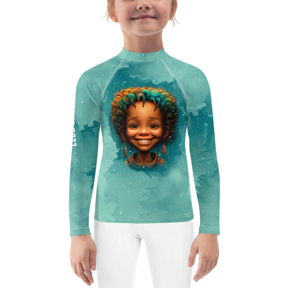 Kids Rash Guard with Wondrous Childlike Gaze print for swimming and outdoor play.