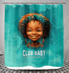 Close-up of the unique childlike gaze design on shower curtain.