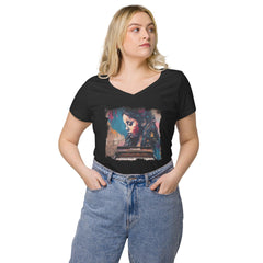 Fingers Dance On Keys Women’s Fitted V-neck T-shirt - Beyond T-shirts