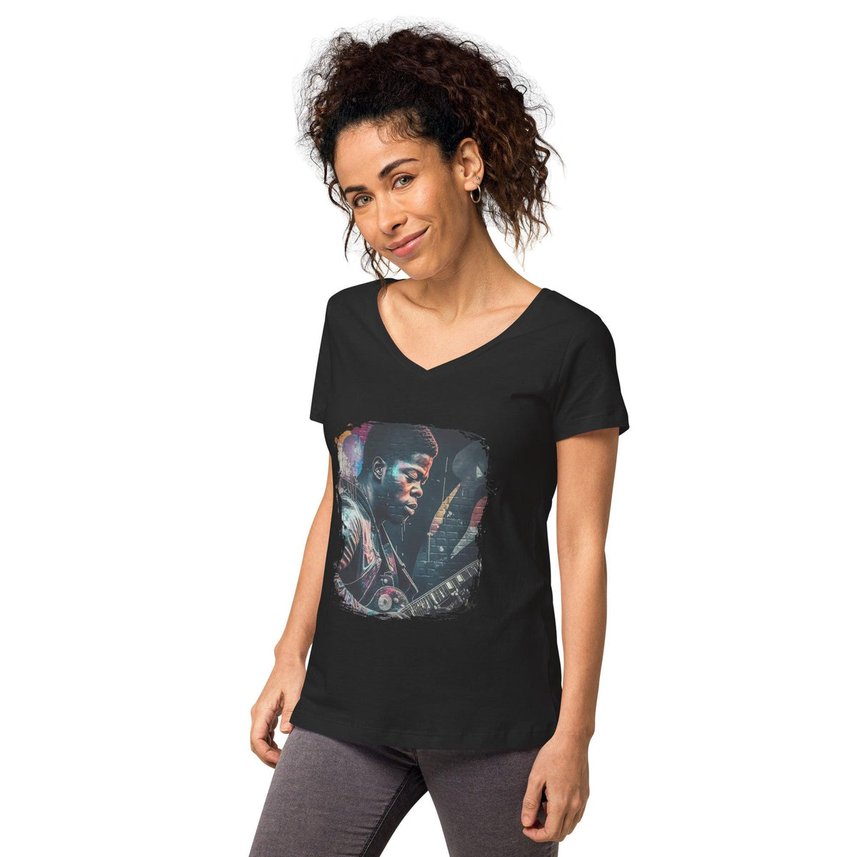 Fingers On Fire, Strings Ablaze Women’s Fitted V-neck T-shirt - Beyond T-shirts
