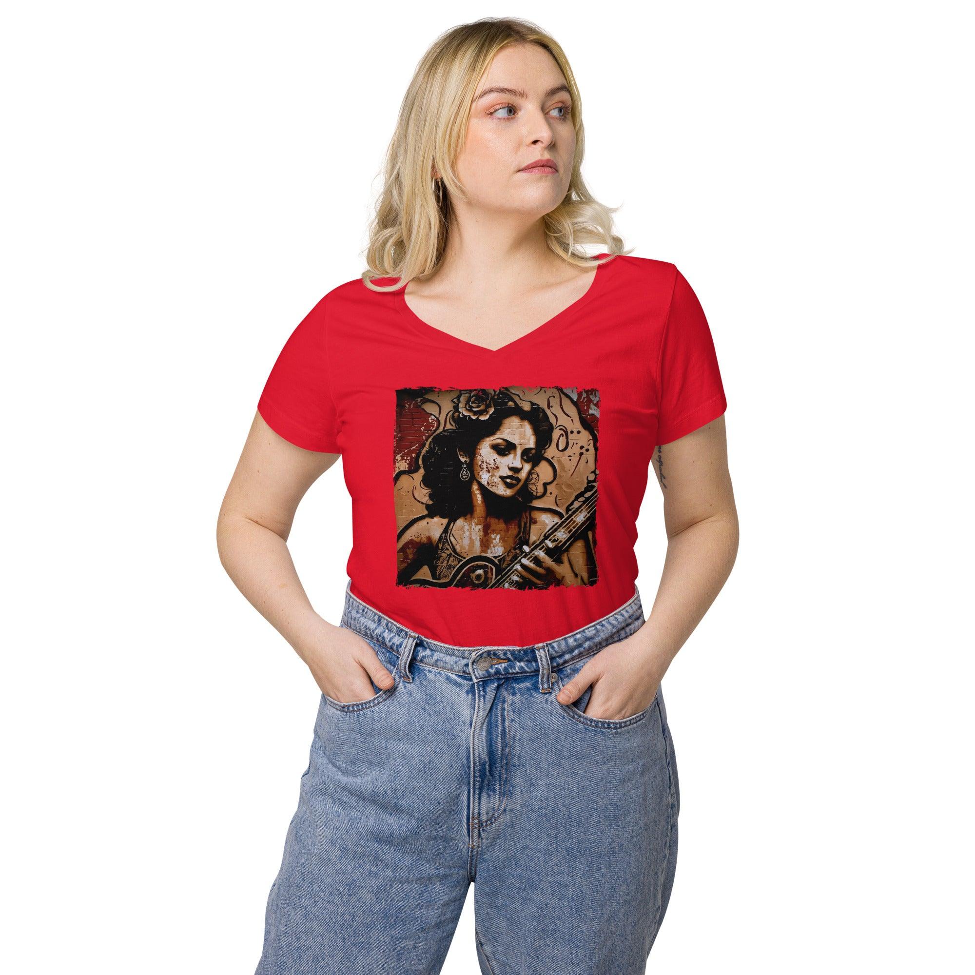 Flowing Passion, Roaring Guitar Women’s Fitted V-neck T-shirt - Beyond T-shirts