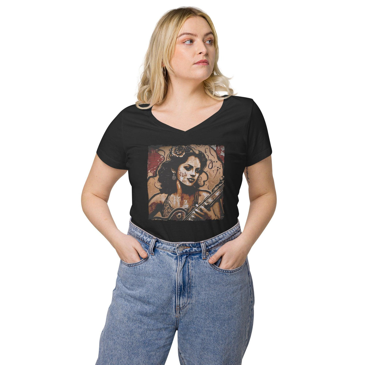 Flowing Passion, Roaring Guitar Women’s Fitted V-neck T-shirt - Beyond T-shirts