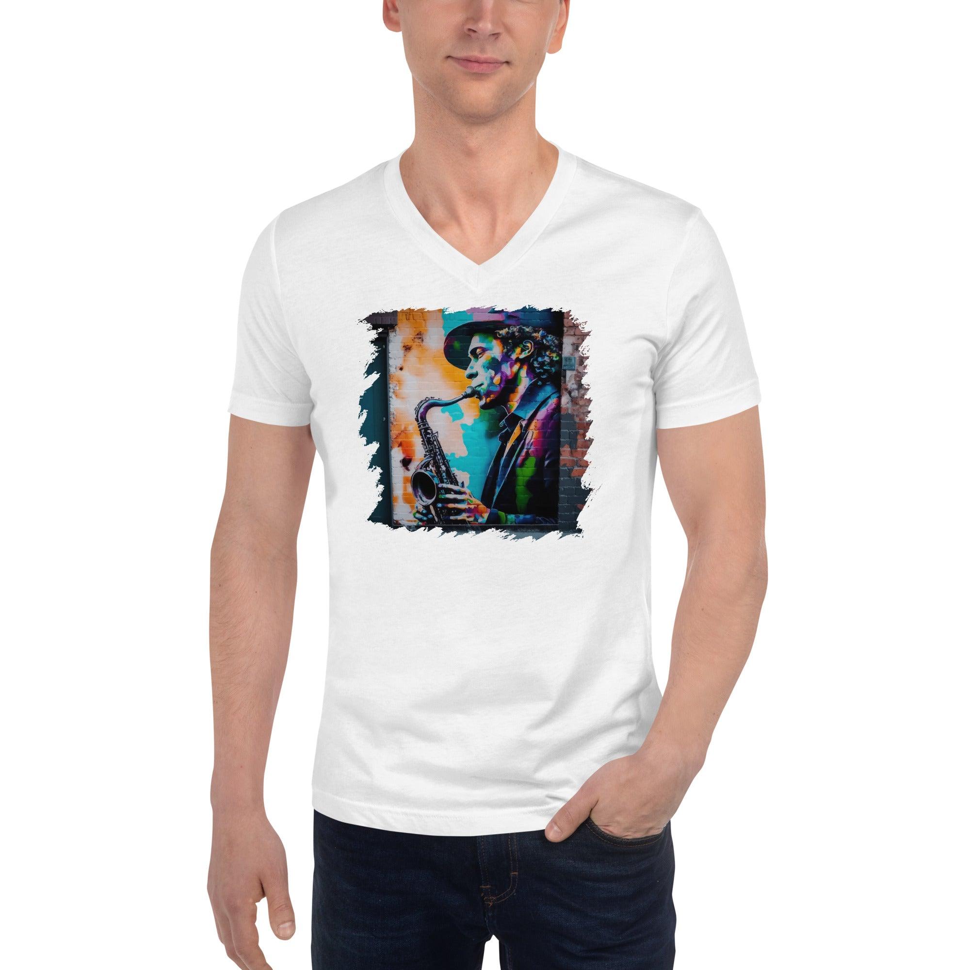 Gettin' Funky On Sax Unisex Short Sleeve V-Neck T-Shirt - Beyond T-shirts