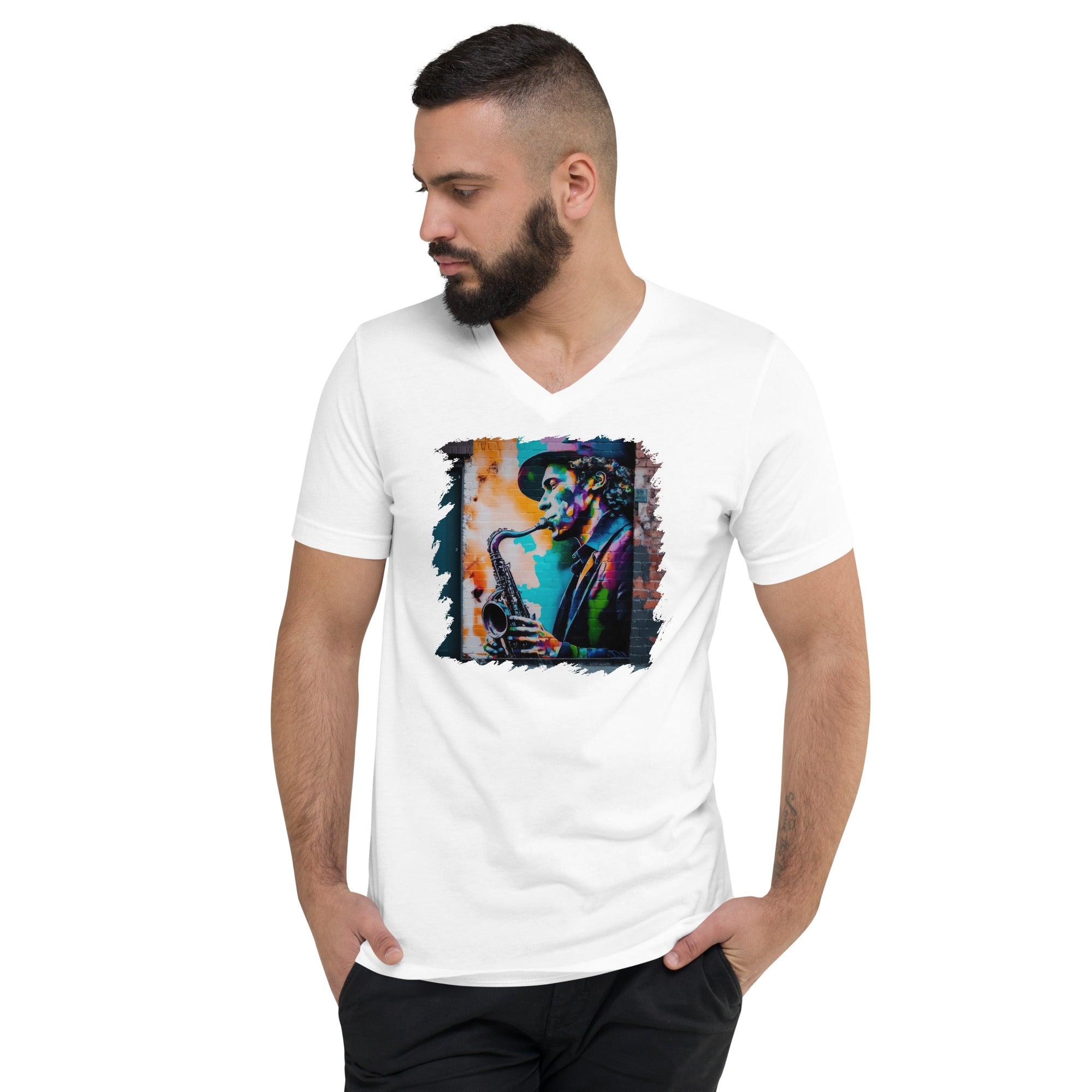 Gettin' Funky On Sax Unisex Short Sleeve V-Neck T-Shirt - Beyond T-shirts