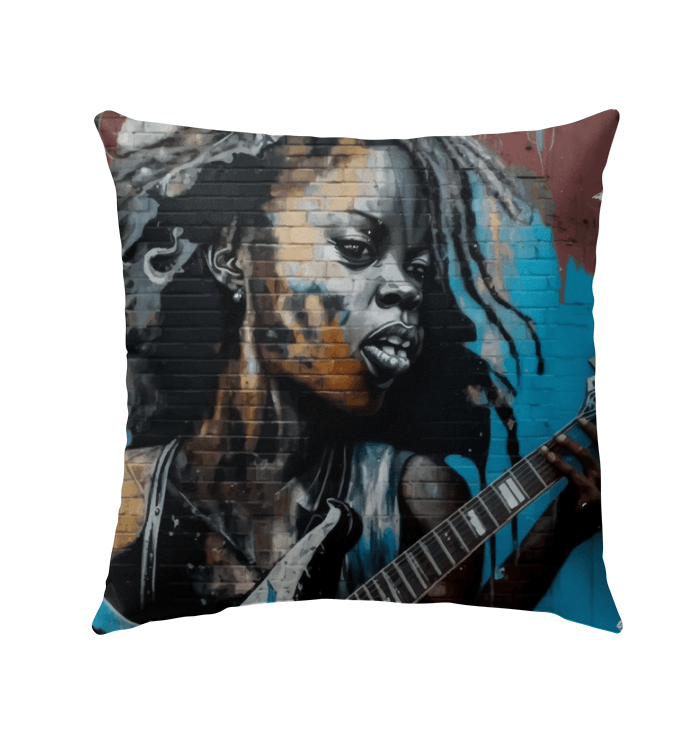 Guitar In Hand, Heart on Fire Outdoor Pillow - Beyond T-shirts