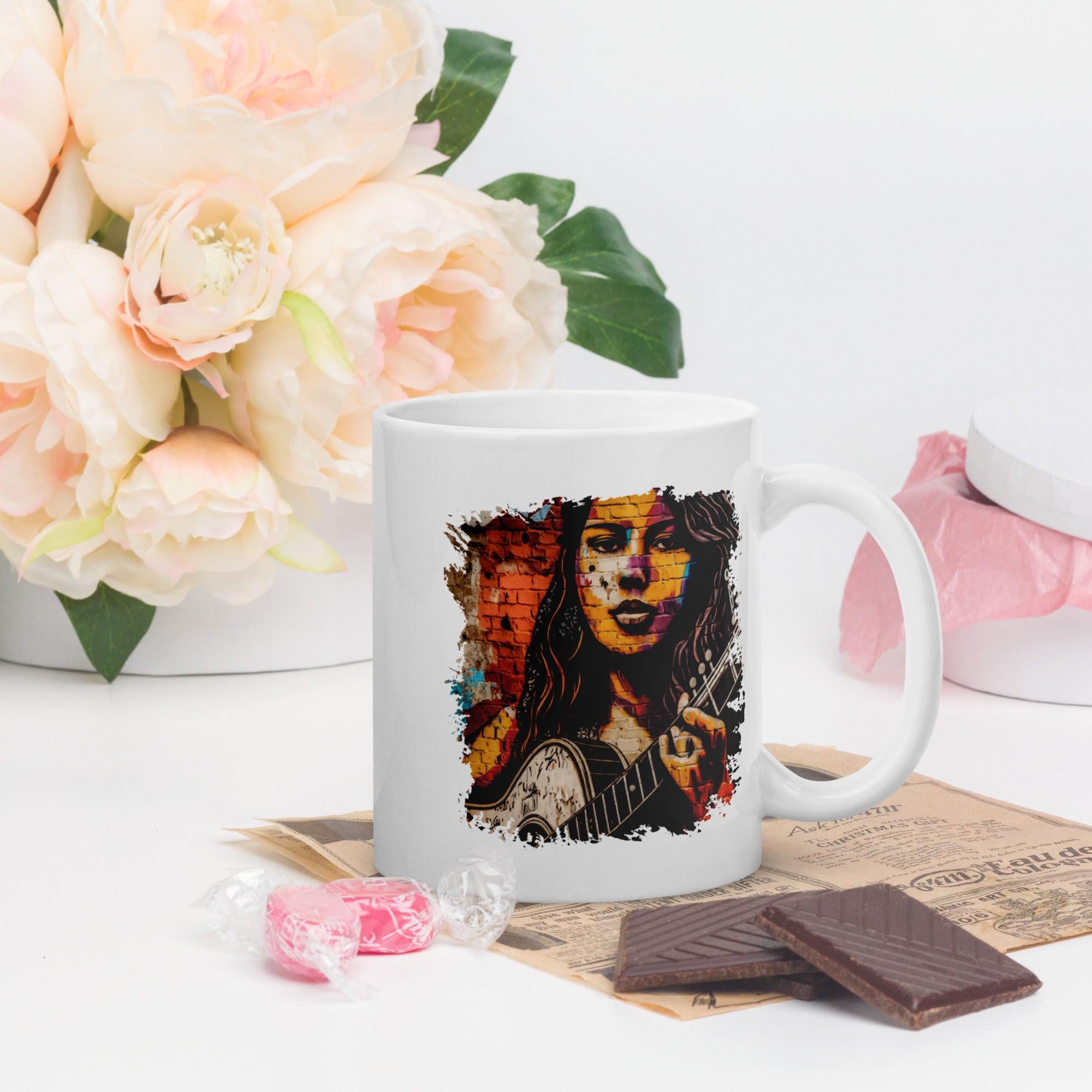 Guitar Inspires Her Art White Glossy Mug - Beyond T-shirts