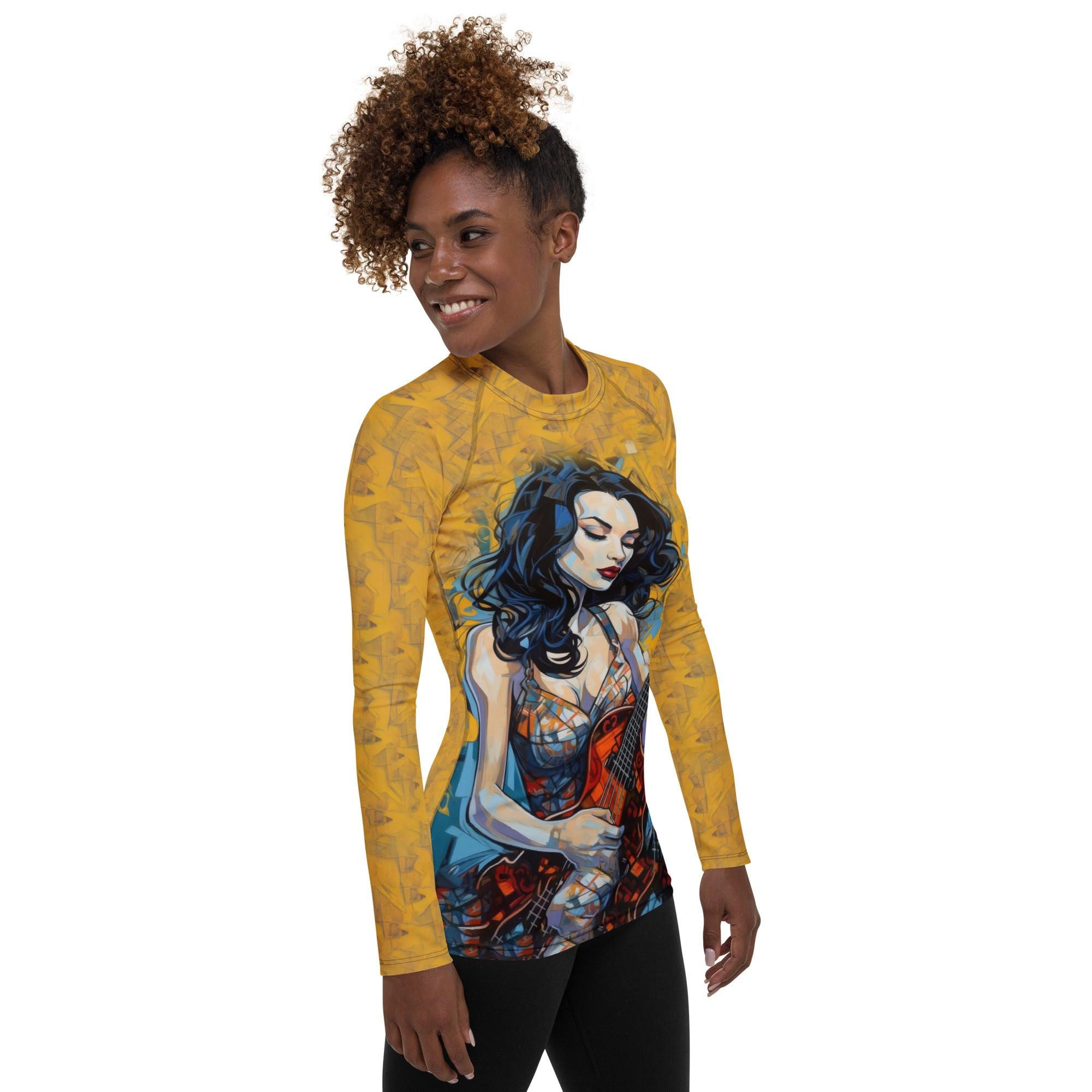 Comfortable and trendy women's rash guard with musical motif