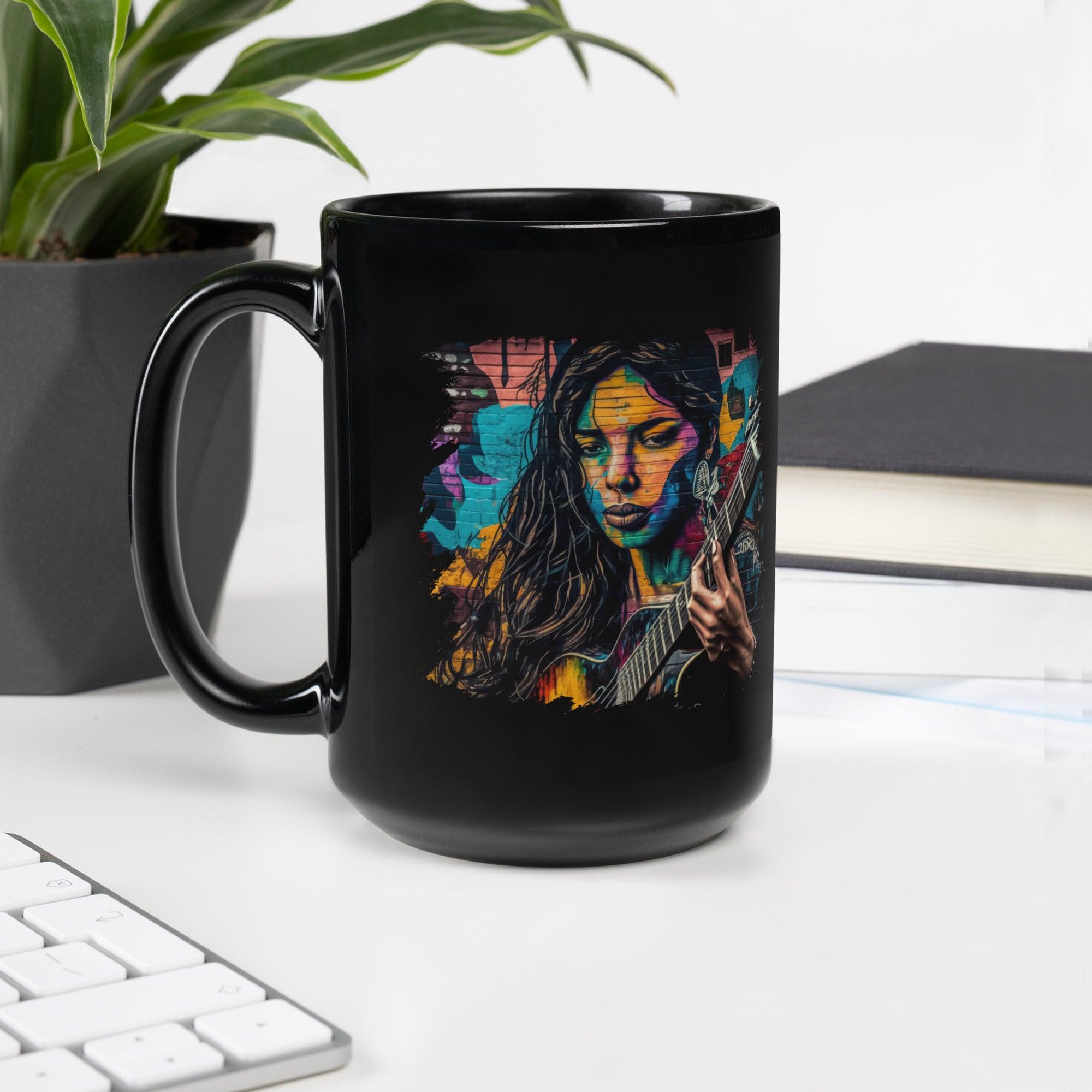 Guitar Is Her Voice Black Glossy Mug - Beyond T-shirts