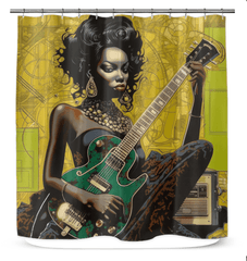 Guitar-themed shower curtain twin size in bathroom setting